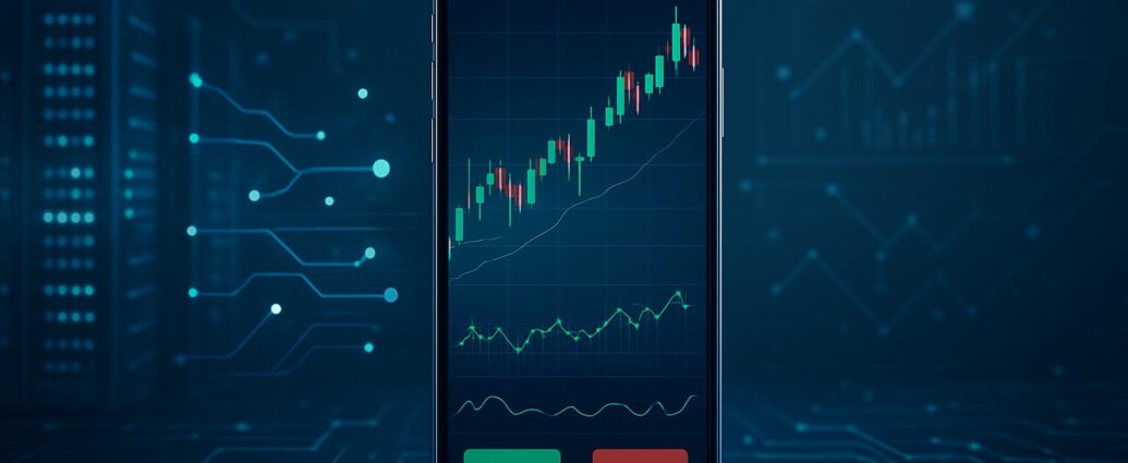 Smartphone displaying a forex trading app interface with analytical graphs and indicators