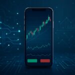 Smartphone displaying a forex trading app interface with analytical graphs and indicators