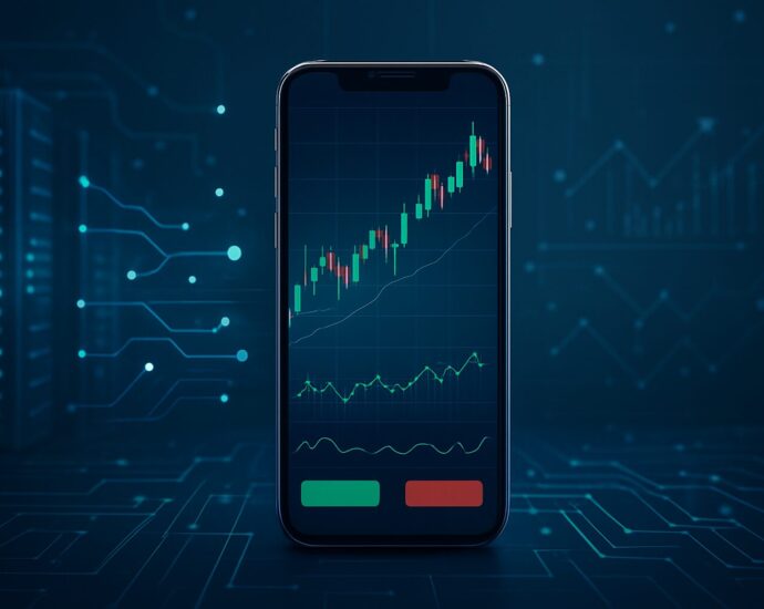 Smartphone displaying a forex trading app interface with analytical graphs and indicators